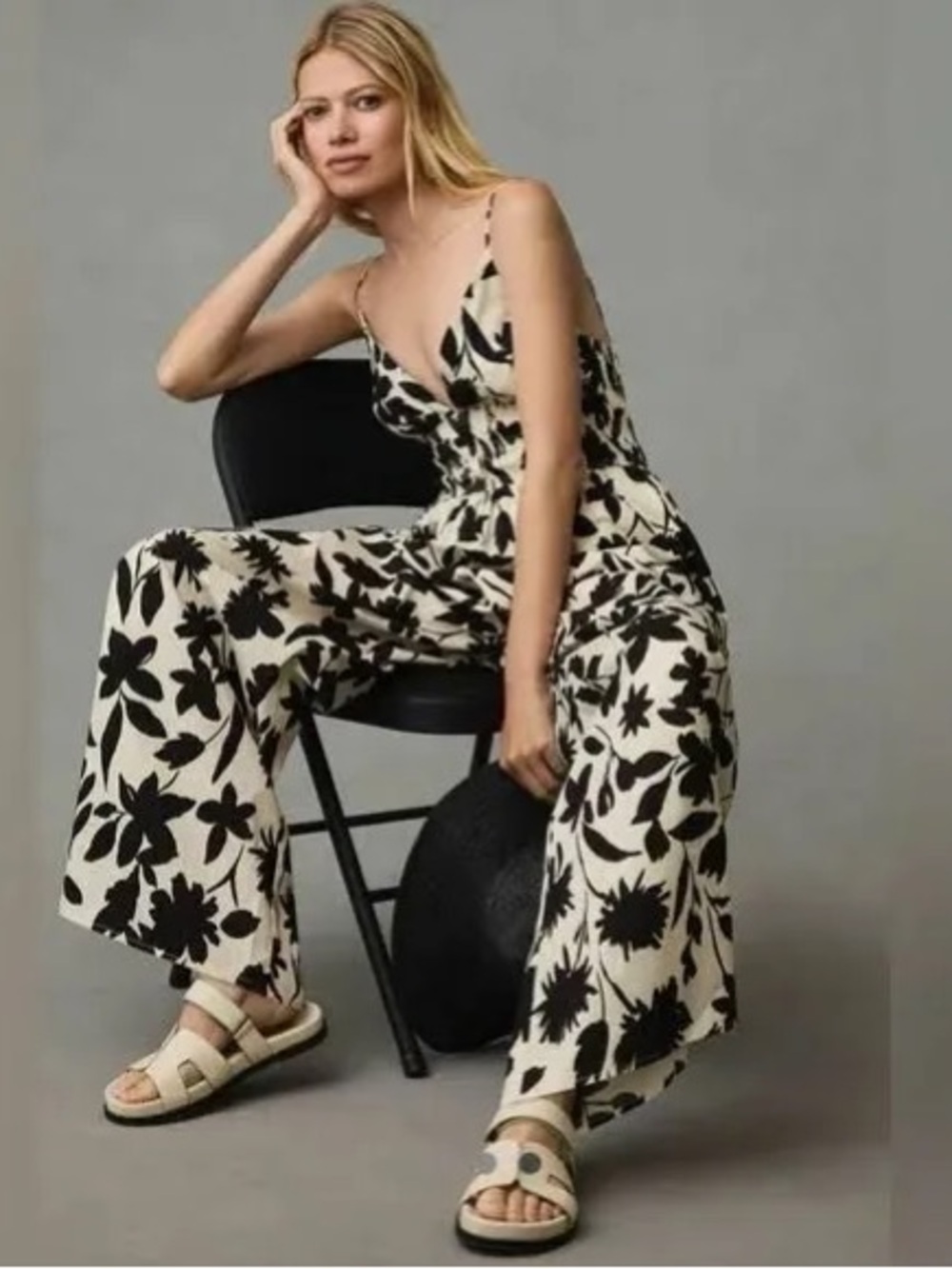 Anthropologie Floral Print Wide-Leg Jumpsuit in Black & Cream